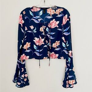 Cropped Floral Lace-Up Blouse